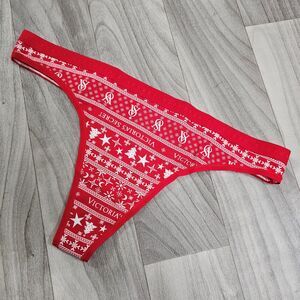 Victoria's Secret Red White Logo Christmas Holiday Festive Thong Panty Size L